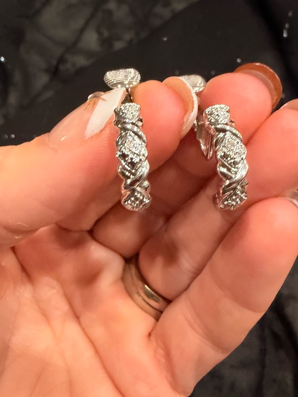Sterling Silver Textured Hoop Earrings - Silver